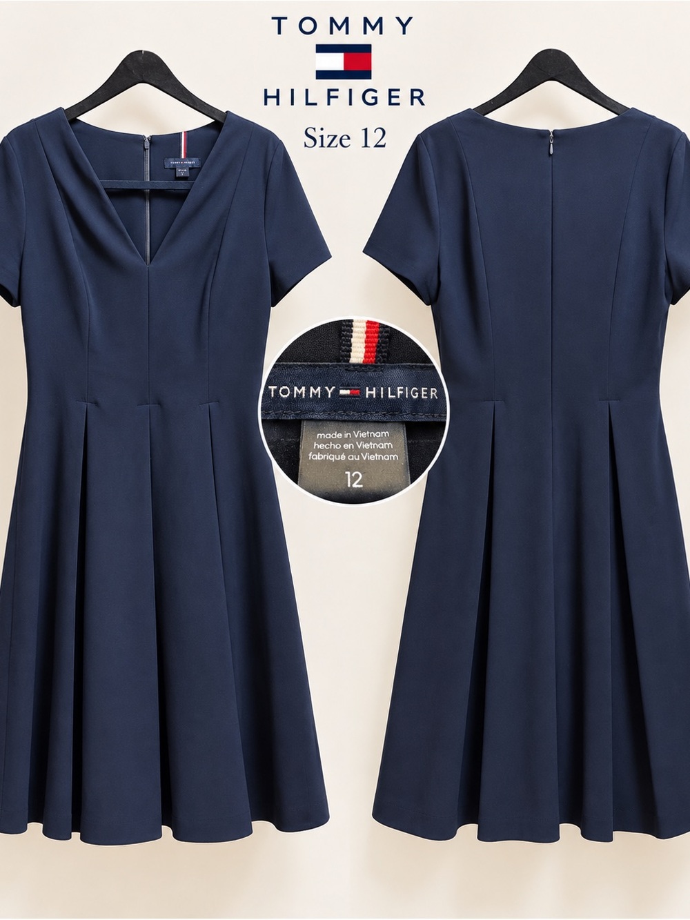 Tommy Hilfiger Navy Fit & Flare Pleated Dress Size 12